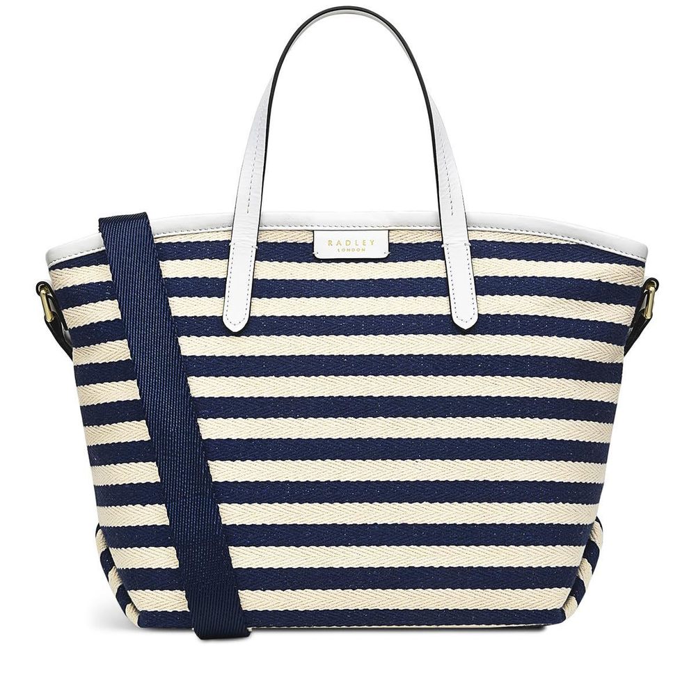 London Cromer Way Stripe Medium Fabric Ziptop Satchel Bag, Ink -_-